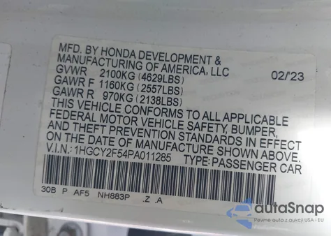 2023 Honda Accord Hybrid Sport из США, поврежденный, VIN 1HGCY2F54PA011285